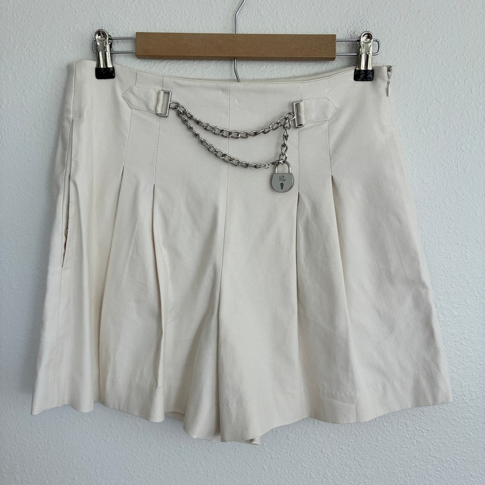 Lauren Ralph Lauren Black Label Pleated Shorts Women 4 Cream Chain Padlock Chic